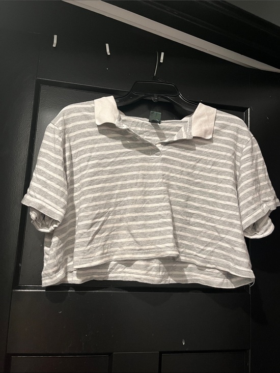 None Tops - Striped Gray & White Cropped Polo Top